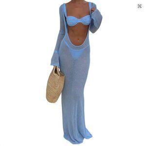 light blue long maxi low neckline beach see through